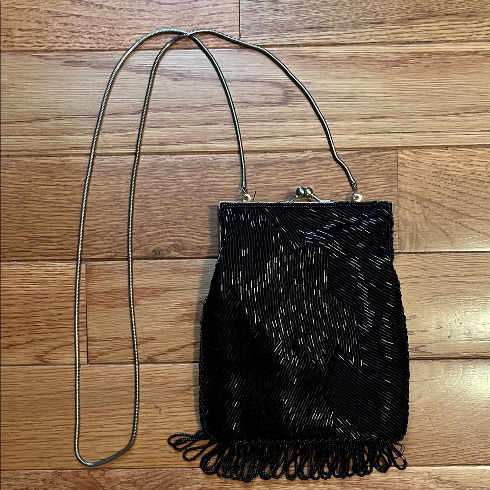 Studio 18 for La Regale - Chic Black Beaded Clutch purse with Fringe